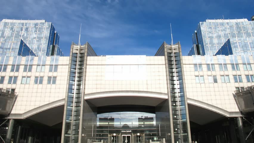 Time lapse clouds over European Parliament, Brussels. 