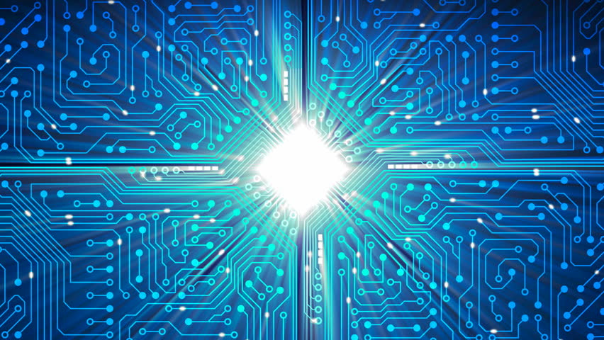 Data processing, CPU, Circuit board. Electrical particles flowing continuously to the main processor on a circuit board. Shiny effect with rays. CG 3D-Animation in HD 1080p.
