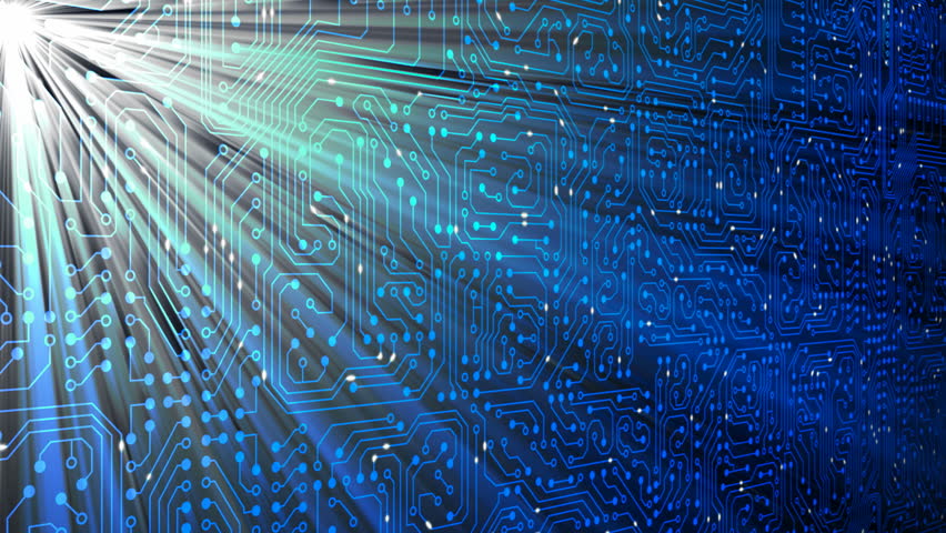 Data processing, CPU, Circuit board. Electrical particles flowing continuously to the main processor on a circuit board. Shiny effect with rays. CG 3D-Animation in HD 1080p.
