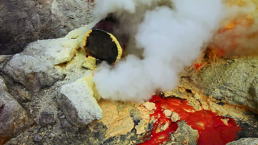 Close view on sulfur mine at Ijen crater. East Java, Indonesia.