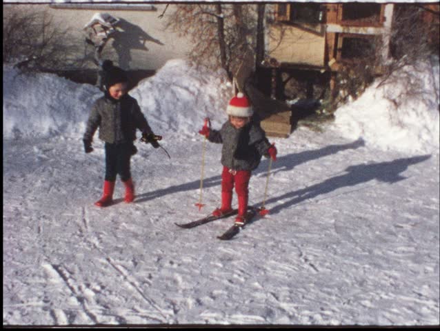 Children skiing in the 1960s (vintage 8 mm amateur film)