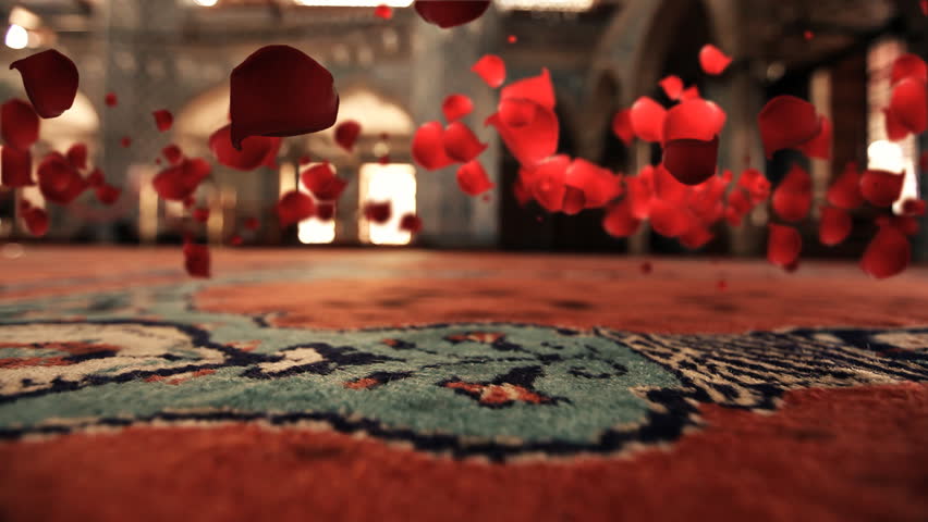 Red rose leafs floating and flying over richly decorated red carpet CGI generated, color matched image with nice shadow effects / HD1080 / 30fps