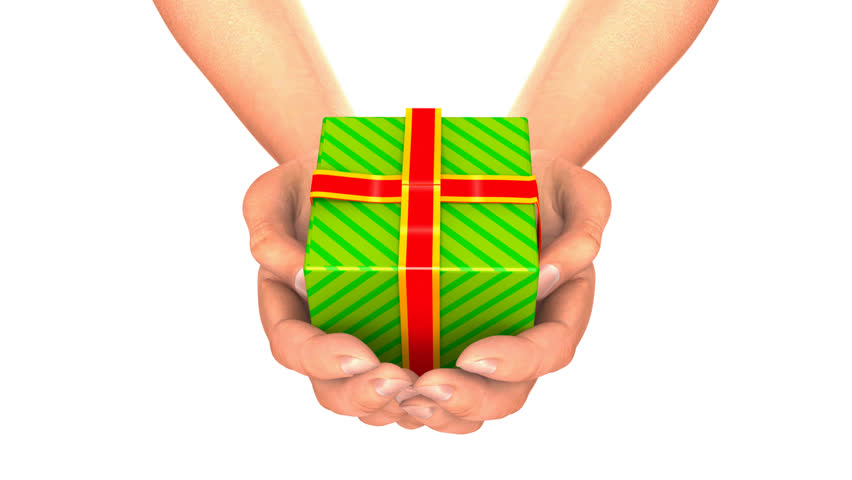 Hands With Gift  Zoom. Hands giving an opening gift, while camera zooms inside the box : with alpha matte 