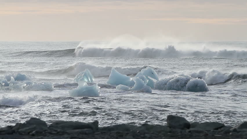 Stranded icebergs on the black beach by Jokulsarlon in south west Iceland. These have come loose from the nearby Vatnajokull glacier, the largest glacier in Europe.
