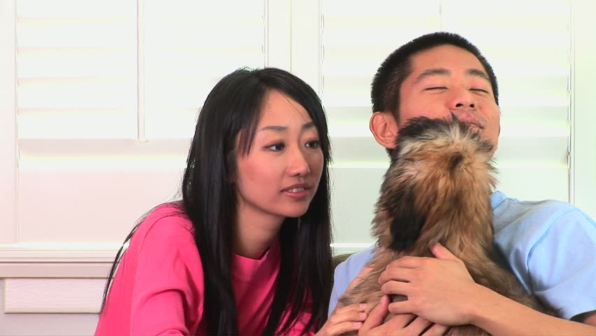 Young Asian couple holding puppy and laughing