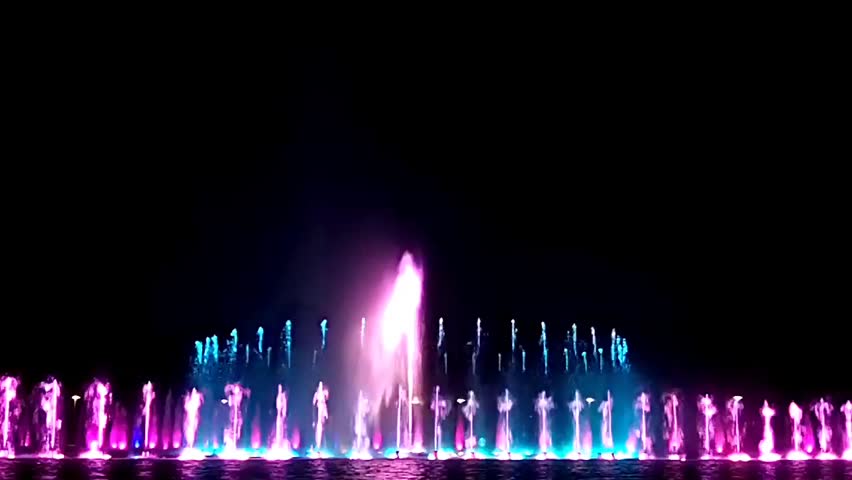 Show of musical fountain next to the Centennial Hall in Wroclaw, Poland