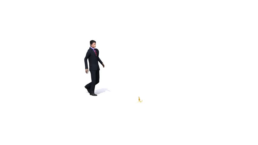 Business man walks and slips on a banana skin.