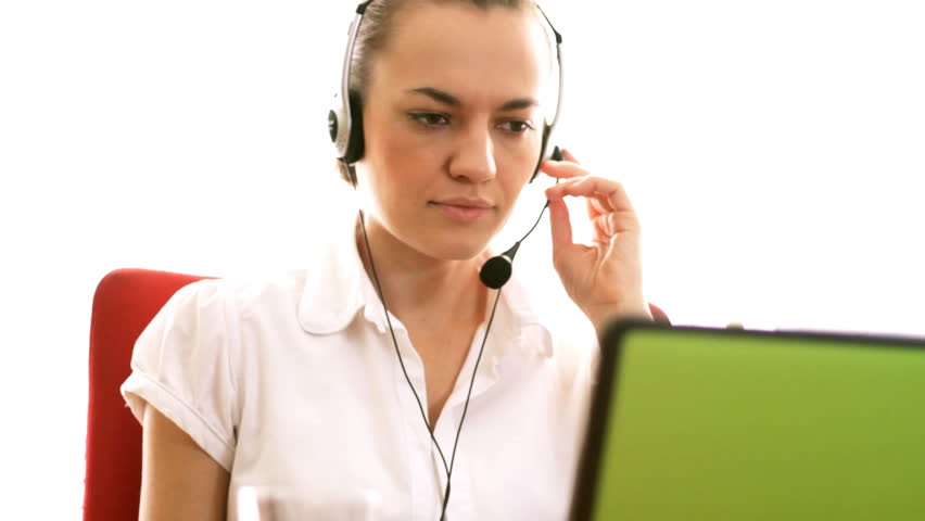 Sick female help-desk consultant coughing 