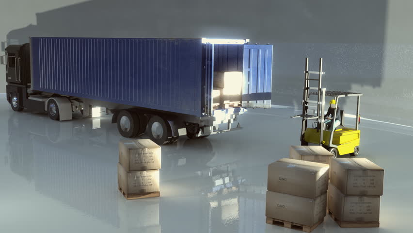 lorry or truck being unloaded by fork lift truck 