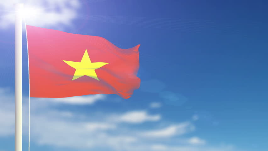 Vietnam flag waving. Sky background. Seamless loop.
