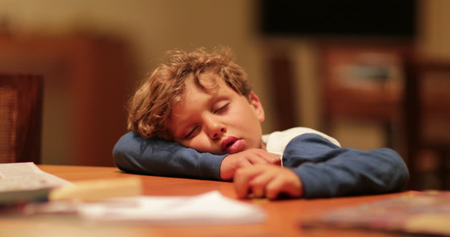 Tired Child Fell Asleep With Head On Table Young Boy Sleeping Child Slouched On Table Drained And Tired Sleeping With Head Desk 4k Stock Video