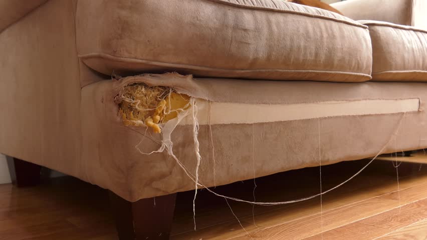 4k00 09bad Dog French Mastiff On His Chewed Couch Rising Shot