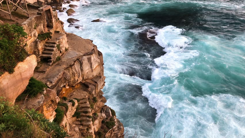 Cliff Stairs View At Diamond Bay Sydney Australia With Waves