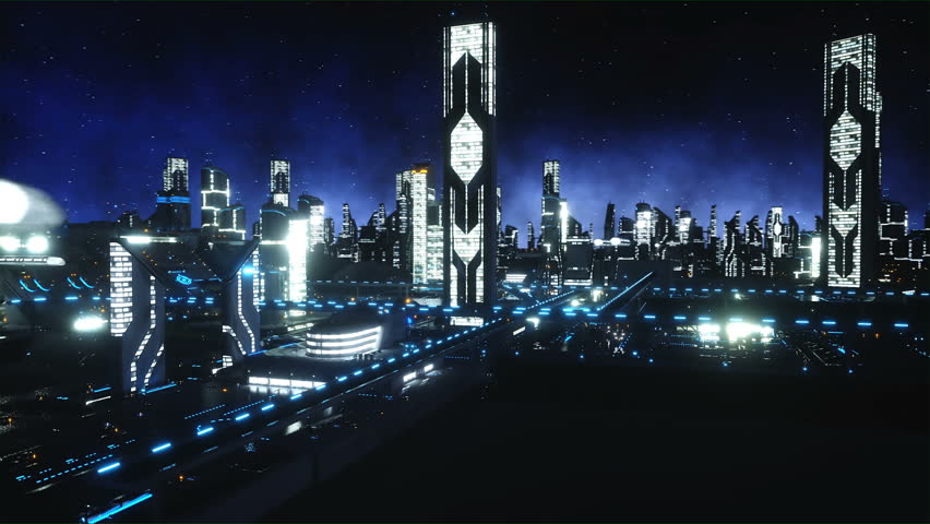 Flight Over Night Futuristic City Stock Footage Video 
