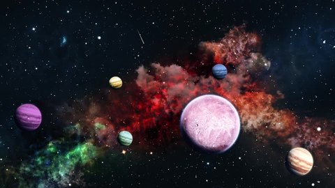 Space travelling loop video. 3d rendering. Planets over a glowing
red nebula. Eternal Galaxy.