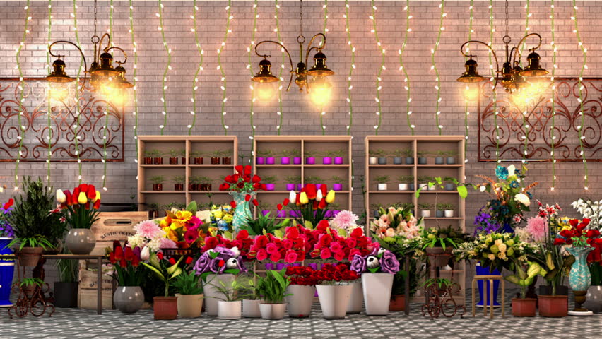 Florist Interior With Copper Lights Plants In Pots Units And Vases