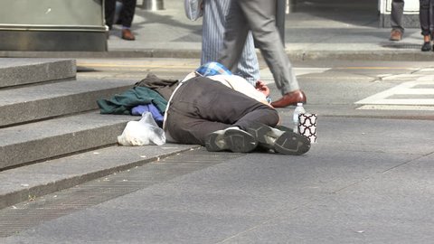 Toronto, Ontario, Canada April 2019 Homeless Person the Streets Of Wealthy Financial District