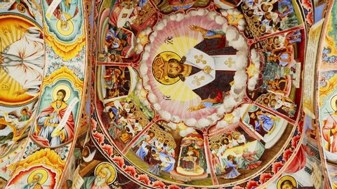 Interior Of Rila Monastery The Largest And Most Famous Eastern Orthodox Monastery In Bulgaria Ceiling Paintings Frescoes Biblical Stories In Pictures 4k