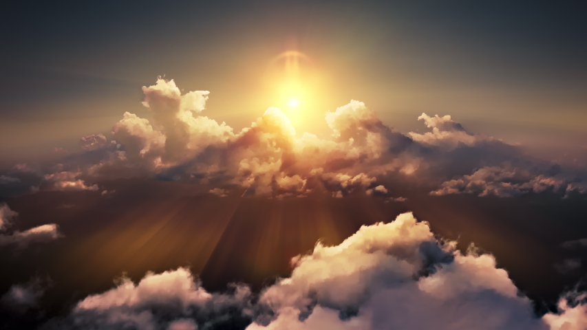 Flying through heavenly beautiful sunny cloudscape. Amazing timelapse of golden fluffy clouds moving softly on the sky and the sun shining through the clouds with beautiful rays and lens flare.