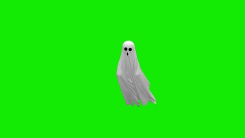 Cartoon Flying White Ghost On An Green Screen