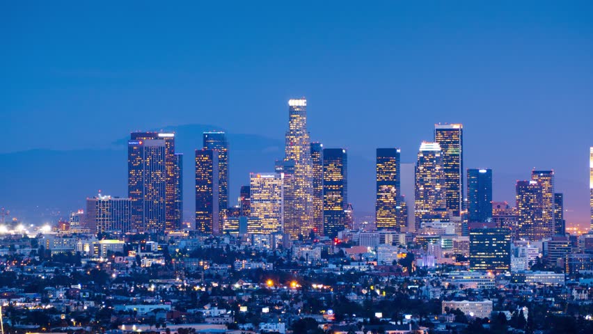 Downtown Los Angeles Skyline Changing From Sunset To Night City. 4K UHD ...