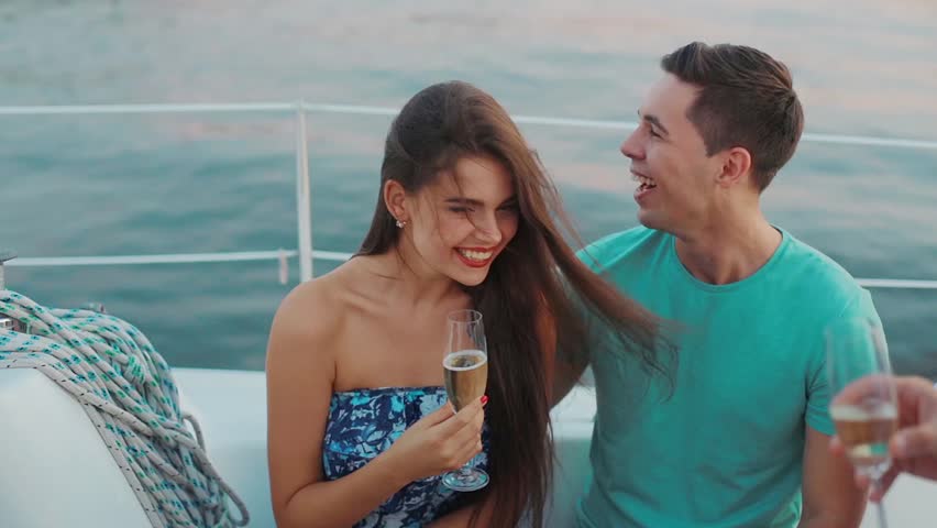 Amazing SlowMo Couple In Love Toasts With Champagne In Sunse