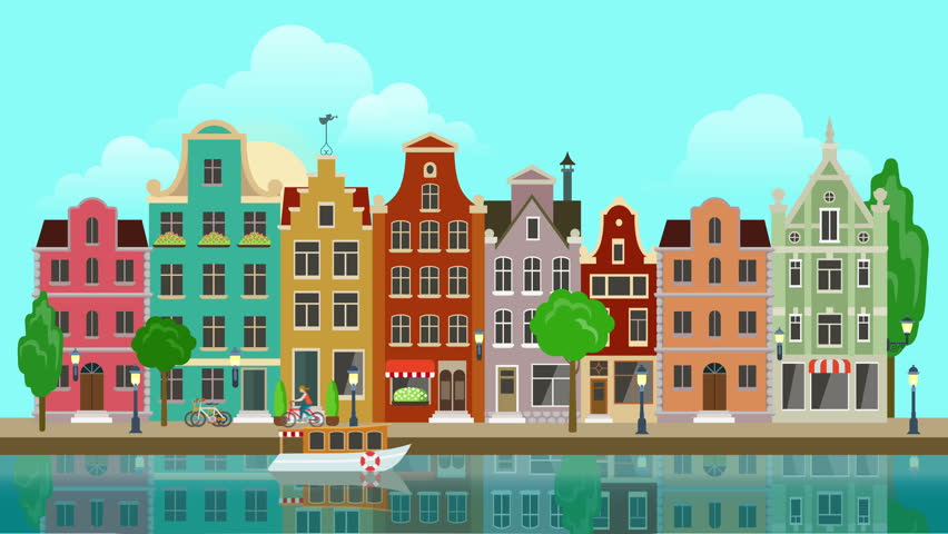 Clip 13064084 Stock Footage Flat Cartoon Multicolored Colorful Historic Buildings City Town Suburb Amsterdam Holland Panoramic