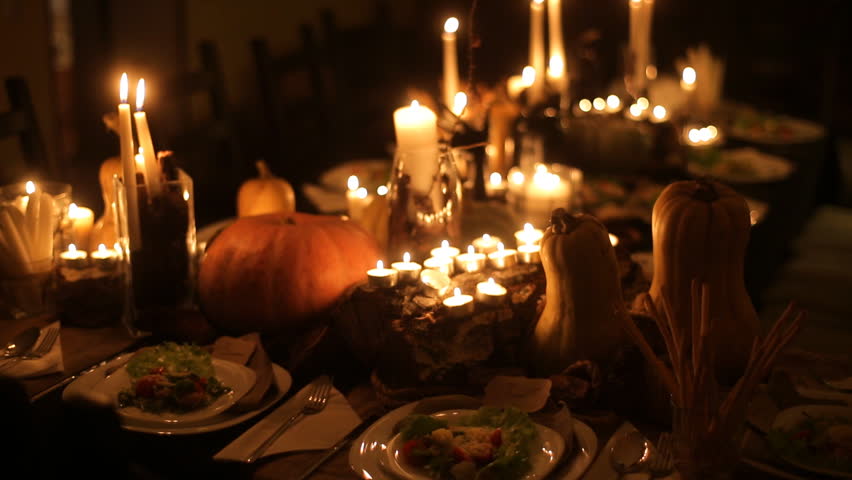 Stock video of festive table on halloween,candle and pumpkins ...