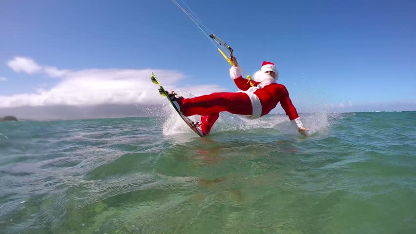 Slow Motion Extreme Santa Claus Kite Surfing In Ocean Stock Footage ...