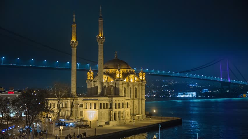 Ortakoy Mosque And Bosphorus Bridge At Night , Istanbul, Turkey Stock ...