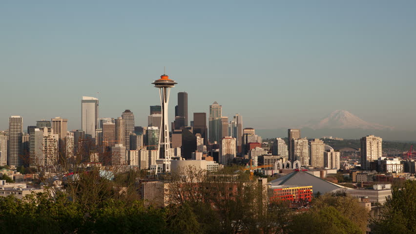 Mount Rainier And Seattle Space Needle Sunset. Seattle ...