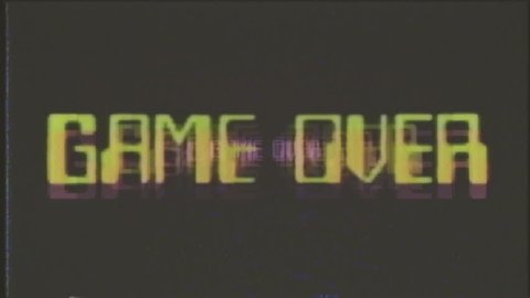 A game over screen, treated as it's from an old VHS cassette tape. Arcade mosaic retro style.