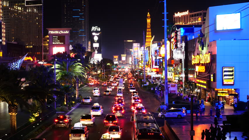 Zoom Out - Busy Casino Traffic On The Las Vegas Strip - Night - Circa ...