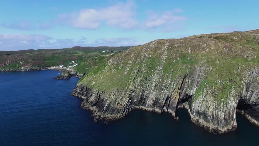 Cape Clear Island cliffs off Baltimore Co Cork in a warm sunny afternoon, bird flying just by the drone