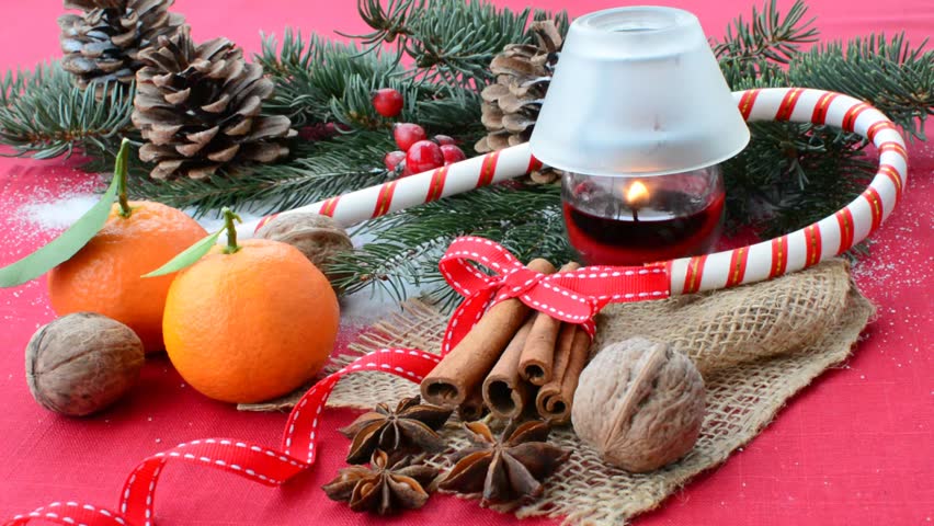 Christmas Table With Candle Fruits Stock Footage Video 100