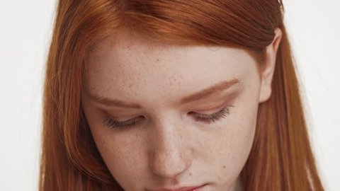 480px x 270px - Close up footage of beautiful caucasian foxy teenage girl smiling looking  at camera on white background