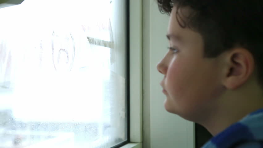 Sad Alone Child Looking Out Window Glass Home In The Room ...