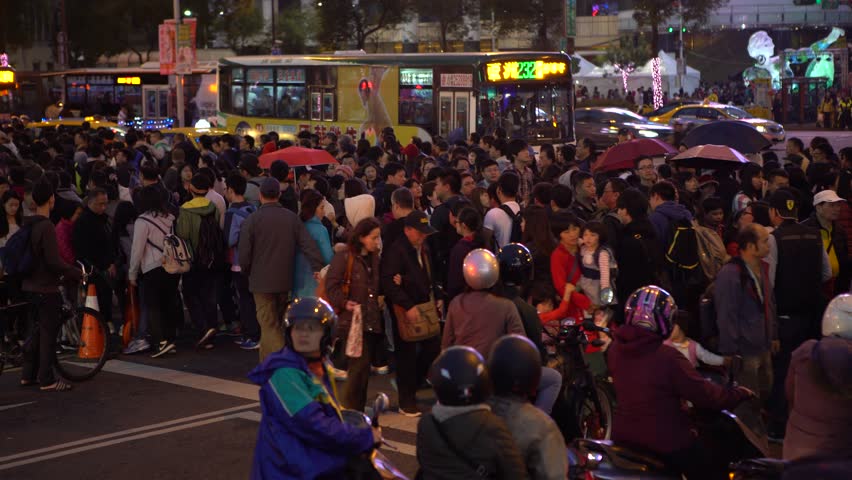 Taipei, Taiwan-05 February, 2017: 4K Sidewalk View Of Walking Crowd People Crossing Street In 