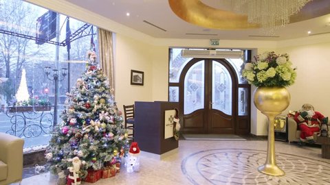 Yerevan Jan 5 2017 Christmas Decorations And Front Door To Hotel National Interior Of Hotel Is Distinguished By High Vaulted Ceiling Tiles Of Bright Colors And Presence Of Fireplaces