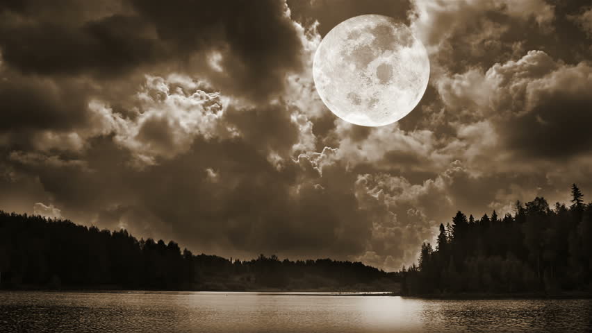 Fantastic View Full Moon. The Night Lake, Mystical Dark Forest, Shallow ...