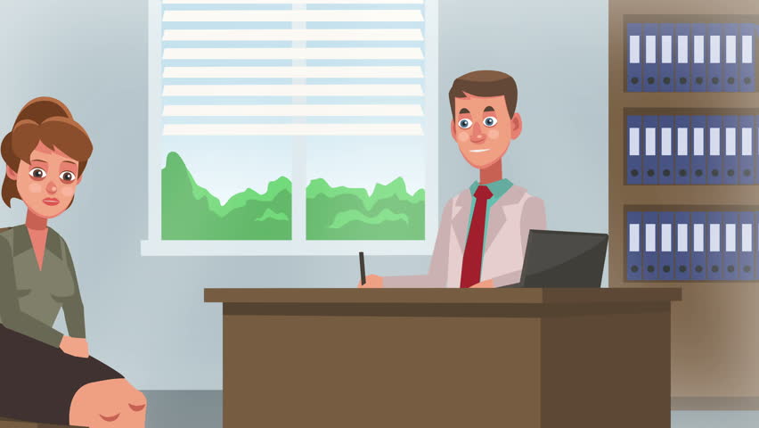 Happy People In Office. Animated Character With Flat Design. Concept Of ...