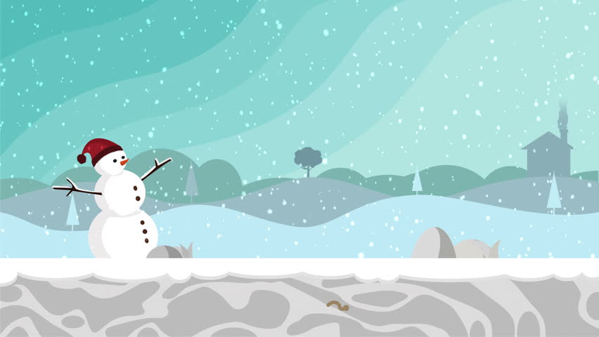 Nice Illustration Winter Snowscape Loop, Cute Cartoon Snowman In The