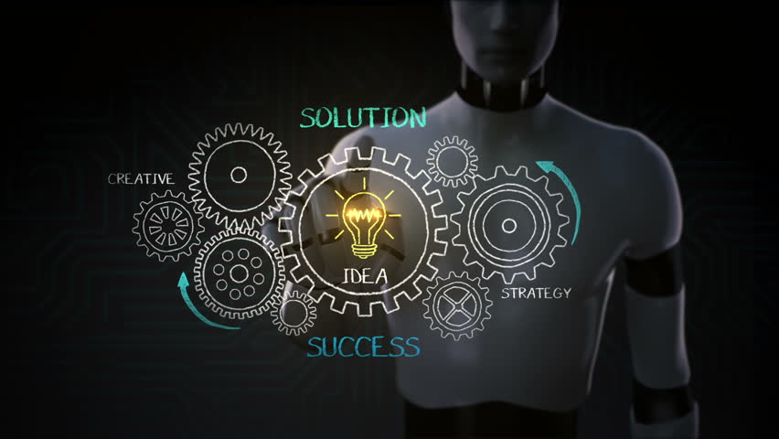 Stock Video Clip of Robot, cyborg touching gears, drawing success ...