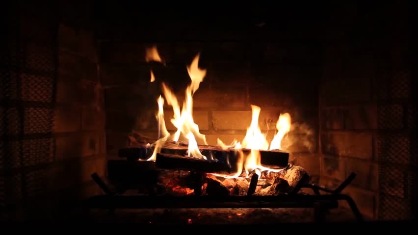 Slow Motion Fireplace Burning. Warm Cozy Burning Fire In A Brick ...