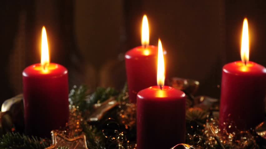 Looping. Three Red Christmas Candles Flicker Alongside Christmas Bells ...