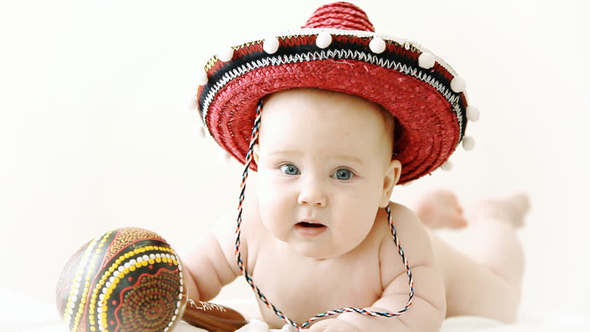 Baby In Sombrero Hat With Maracas On The Light Background Stock Footage ...