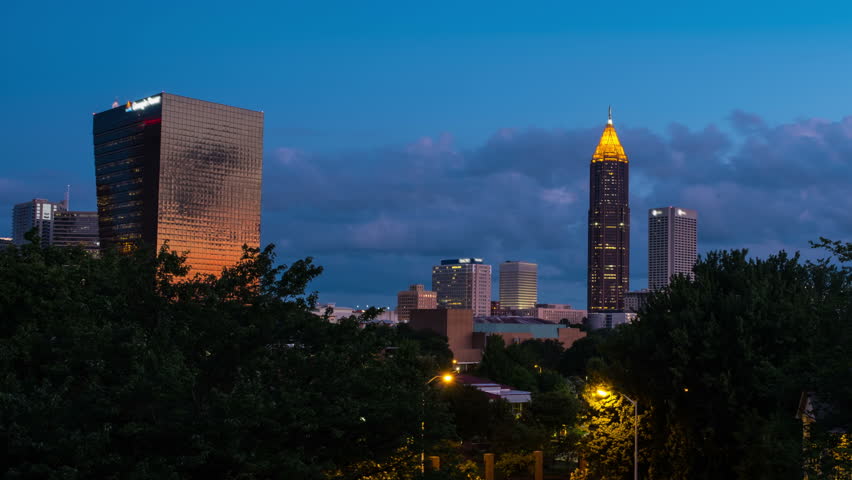 Cityscape with night lights with roads and skyscrapers in Atlanta ...