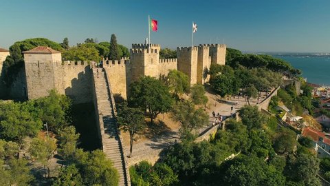 Lisbon, Portugal 4K Aerial video Lisbon Castle - The Castelo de Sao Jorge drone panorama view
