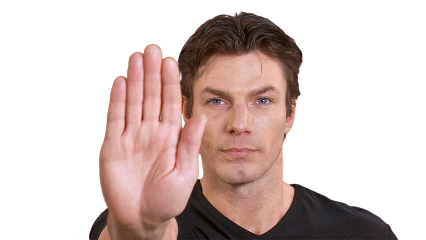 Man On White Background Holds Up His Hand To Gesture STOP. High Quality ...