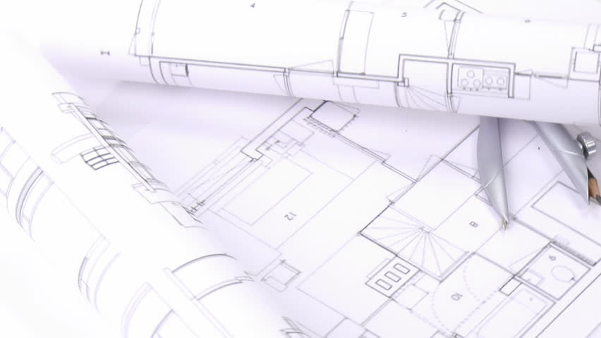 Place On An Architectural Drawing Blueprint A Triangle And A Pen. Stock ...